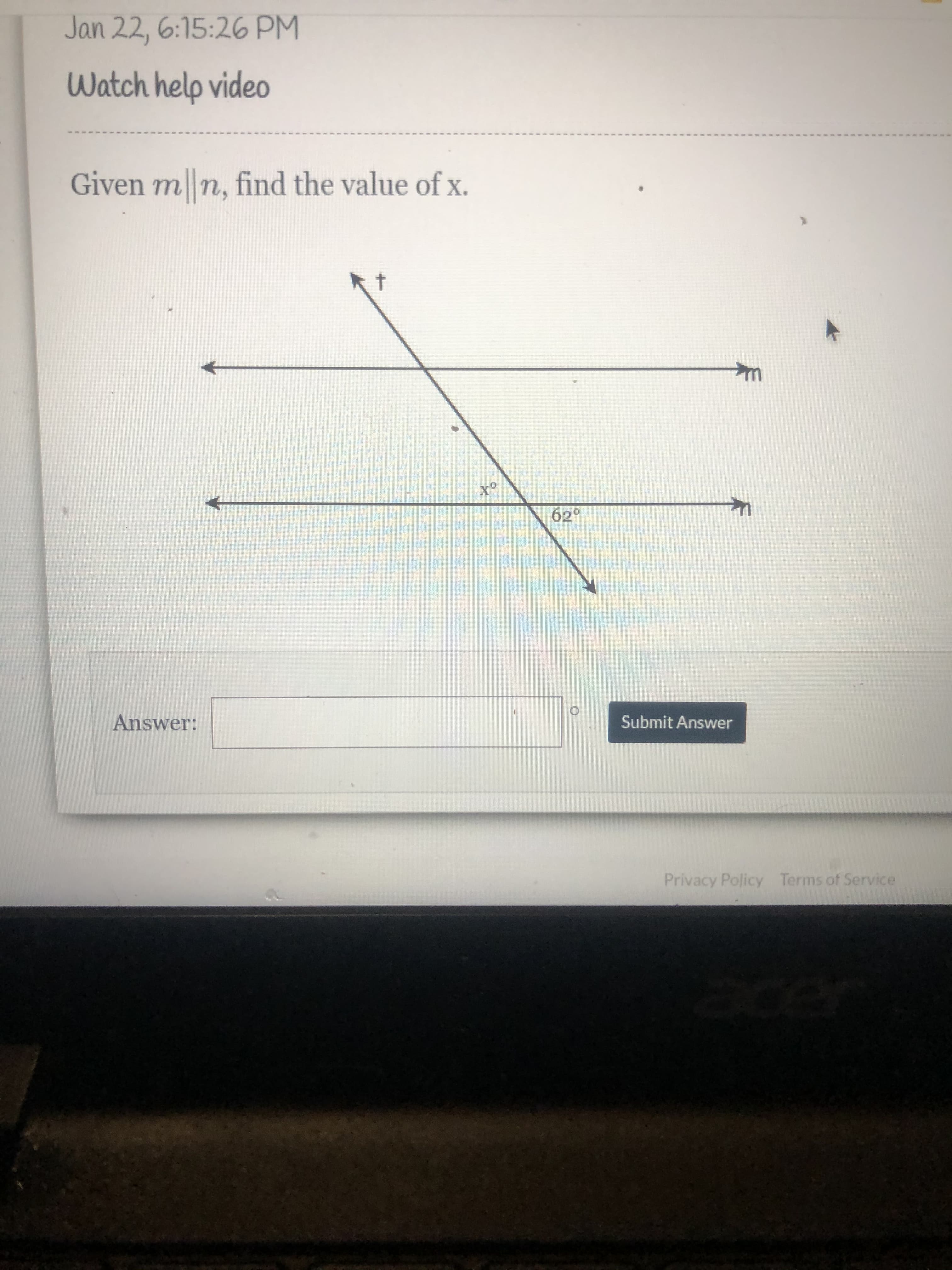 Given m||n, find the value of x.
of
62°
