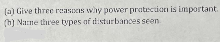 (a) Give three reasons why power protection is important.
(b) Name three types of disturbances seen.
