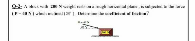 Q-2- A block with 200 N weight rests on a rough horizontal plane, is subjected to the force
(P= 40 N ) which inclined (25 ). Determine the coefficient of friction?
P-40 N
200
