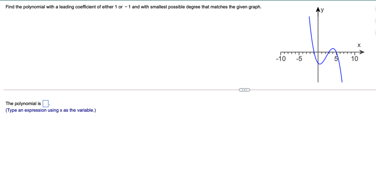 Find the polynomial with a leading coefficient of either 1 or - 1 and with smallest possible degree that matches the given graph.
X
-10 -5
5
10
The polynomial is
(Type an expression using x as the variable.)
