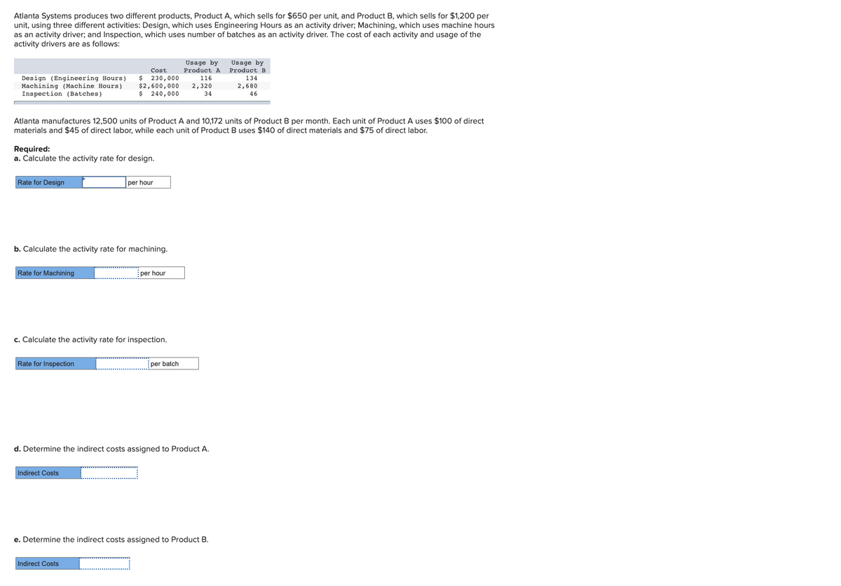 Atlanta Systems produces two different products, Product A, which sells for $650 per unit, and Product B, which sells for $1,200 per
unit, using three different activities: Design, which uses Engineering Hours as an activity driver; Machining, which uses machine hours
as an activity driver; and Inspection, which uses number of batches as an activity driver. The cost of each activity and usage of the
activity drivers are as follows:
Usage by
Product A
Usage by
Product B
Design (Engineering Hours)
Machining (Machine Hours)
Inspection (Batches)
Cost
$ 230,000
$2,600,000
$ 240,000
116
134
2,320
2,680
34
46
Atlanta manufactures 12,500 units of Product A and 10,172 units of Product B per month. Each unit of Product A uses $100 of direct
materials and $45 of direct labor, while each unit of Product B uses $140 of direct materials and $75 of direct labor.
Required:
a. Calculate the activity rate for design.
Rate for Design
per hour
b. Calculate the activity rate for machining.
Rate for Machining
per hour
c. Calculate the activity rate for inspection.
Rate for Inspection
per batch
d. Determine the indirect costs assigned to Product A.
Indirect Costs
e. Determine the indirect costs assigned to Product B.
Indirect Costs
