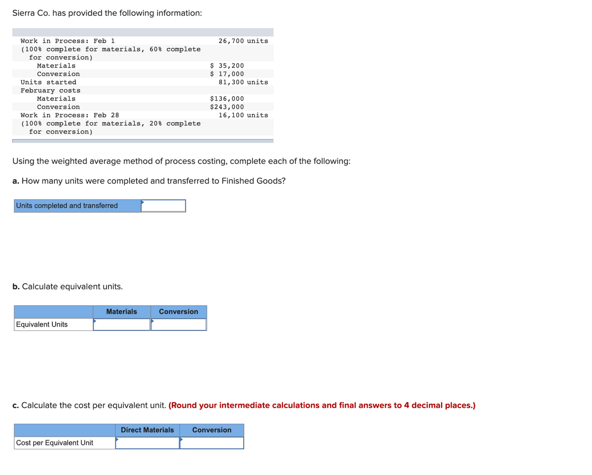 Sierra Co. has provided the following information:
Work in Process: Feb 1
26,700 units
(100% complete for materials, 60% complete
for conversion)
$ 35,200
$ 17,000
Materials
Conversion
Units started
81,300 units
February costs
Materials
$136,000
$243,000
16,100 units
Conversion
Work in Process: Feb 28
(100% complete for materials, 20% complete
for conversion)
Using the weighted average method of process costing, complete each of the following:
a. How many units were completed and transferred to Finished Goods?
Units completed and transferred
b. Calculate equivalent units.
Materials
Conversion
Equivalent Units
c. Calculate the cost per equivalent unit. (Round your intermediate calculations and final answers to 4 decimal places.)
Direct Materials
Conversion
Cost per Equivalent Unit
