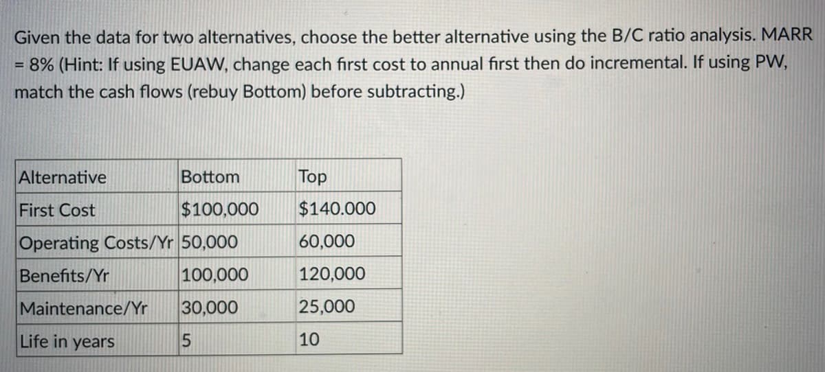 Given the data for two alternatives, choose the better alternative using the B/C ratio analysis. MARR
= 8% (Hint: If using EUAW, change each first cost to annual fırst then do incremental. If using PW,
match the cash flows (rebuy Bottom) before subtracting.)
Alternative
Bottom
Тop
First Cost
$100,000
$140.000
Operating Costs/Yr 50,000
100,000
60,000
Benefits/Yr
120,000
Maintenance/Yr
30,000
25,000
Life in years
10
