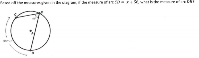 Based off the measures given in the diagram, if the measure of arc CD = x + 56, what is the measure of arc DB?
(5x + 2)

