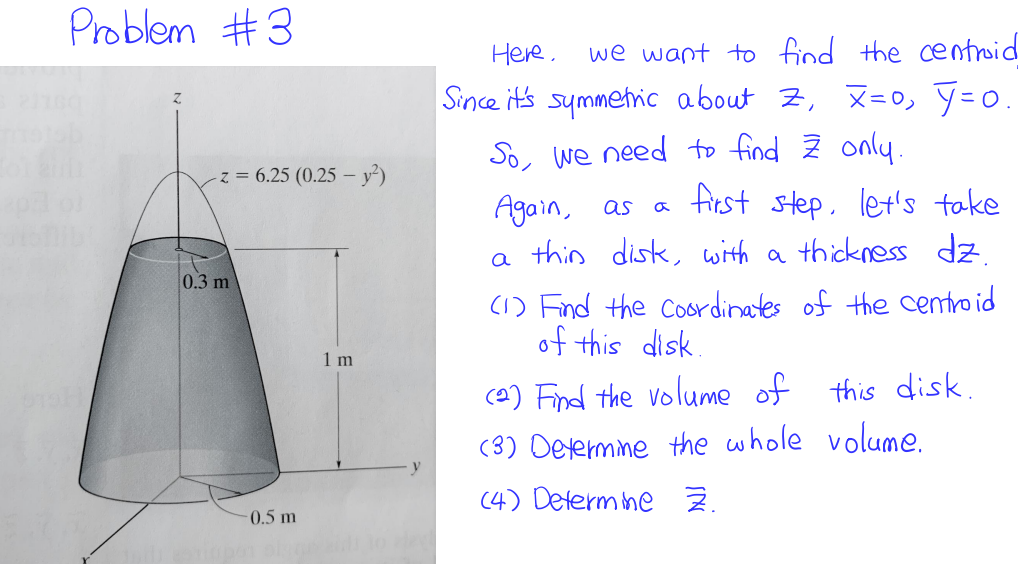 Problem #3
Here.
we want to find the centroid
Since it's symmetric about Z, X=0, Y=0.
So, we need to find 2 only.
first step, let's take
z = 6.25 (0.25 – v²)
Again, as a
thin disk, with a thickness dz.
a
0.3 m
(1) Find the Coordinates of the centro id
of this disk
1 m
(2) Find the volume of this disk.
(3) Determime the whole volume.
(4) Determ ne 2.
0.5 m
