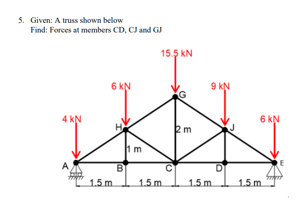 5. Given: A truss shown below
Find: Forces at members CD, CJ and GJ
15.5 kN
6 kN
9 kN
4 kN
6 kN
1 m
A
1.5 m
1.5 m
1.5 m
1.5 m.
