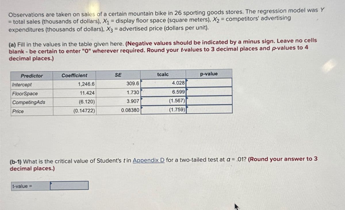 Observations are taken on sales of a certain mountain bike in 26 sporting goods stores. The regression model was Y
= total sales (thousands of dollars), X1 display floor space (square meters), X2 = competitors' advertising
expenditures (thousands of dollars), X3 = advertised price (dollars per unit).
=
(a) Fill in the values in the table given here. (Negative values should be indicated by a minus sign. Leave no cells
blank - be certain to enter "O" wherever required. Round your t-values to 3 decimal places and p-values to 4
decimal places.)
Predictor
Coefficient
SE
tcalc
p-value
Intercept
1,246.6
309.6
4.028
FloorSpace
11.424
1.730
6.599
CompetingAds
Price
(6.120)
(0.14722)
3.907
0.08380
(1.567)
(1.759)
(b-1) What is the critical value of Student's t in Appendix D for a two-tailed test at a = .01? (Round your answer to 3
decimal places.)
t-value=