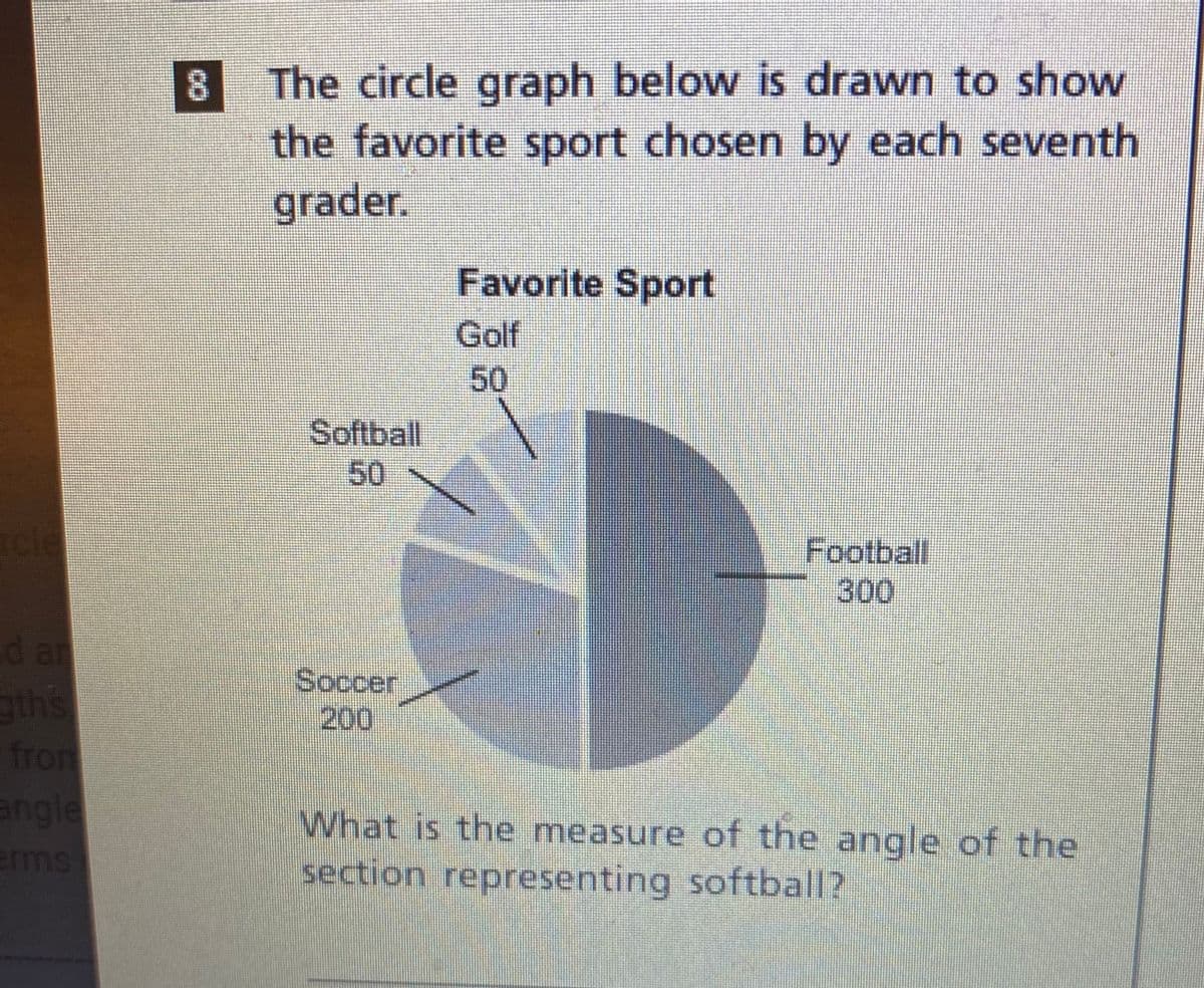 The circle graph below is drawn to show
the favorite sport chosen by each seventh
grader.
Favorite Sport
Golf
50
Softball
50
rcie
Football
300
d an
gths
from
angle
erms
Soccer
200
What
section representing softball?
the measure of the angle of the
8.
