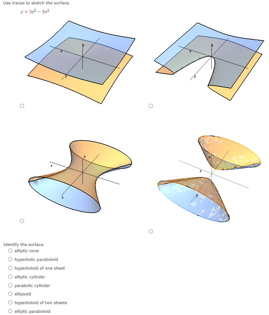 Use traces to sketch the surface.
y = 5z² - 5x²
Identify the surface.
O elliptic cone
O hyperbolic paraboloid
O hyperboloid of one sheet
O elliptic cylinder
O parabolic cylinder
O ellipsoid
O hyperboloid of two sheets
O elliptic paraboloid