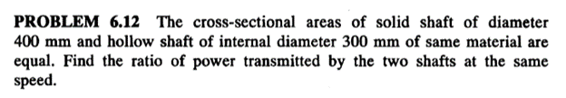 PROBLEM 6.12 The cross-sectional areas of solid shaft of diameter
400 mm and hollow shaft of internal diameter 300 mm of same material are
equal. Find the ratio of power transmitted by the two shafts at the same
speed.