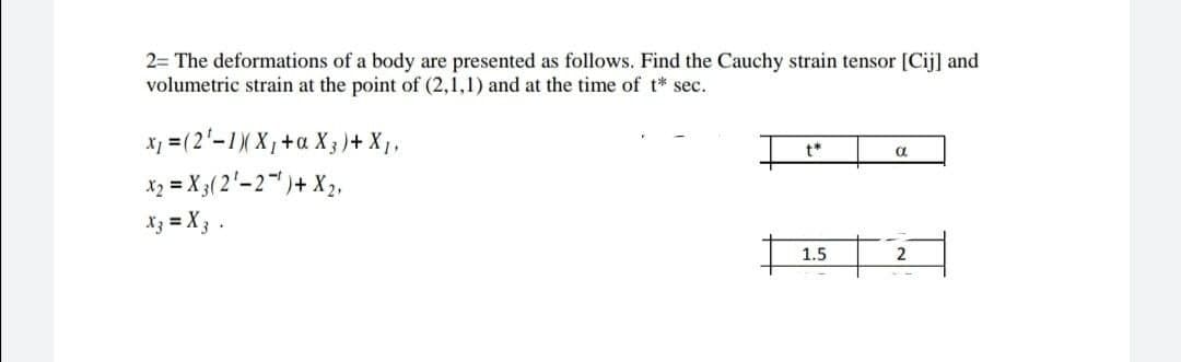 2= The deformations of a body are presented as follows. Find the Cauchy strain tensor [Cij] and
volumetric strain at the point of (2,1,1) and at the time of t* sec.
x₁ = (2¹-1) X₁ +α X3 ) + X₁,
t*
a
X₂ = X3 (2¹-2-¹) + X2,
X3 = X3.
1.5
2