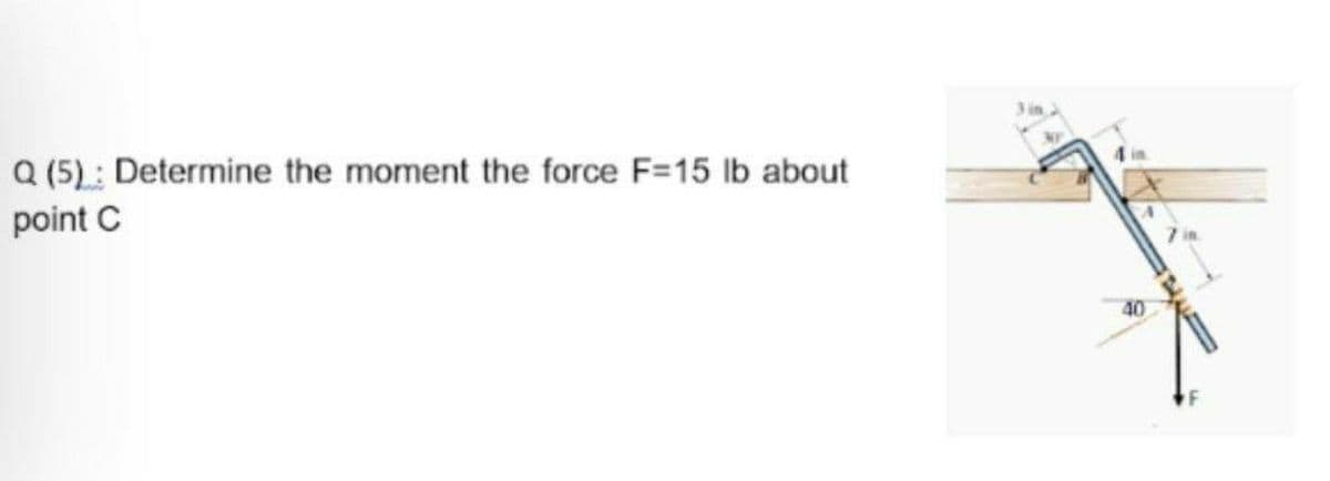 3 in
Q (5): Determine the moment the force F=15 lb about
point C
40
