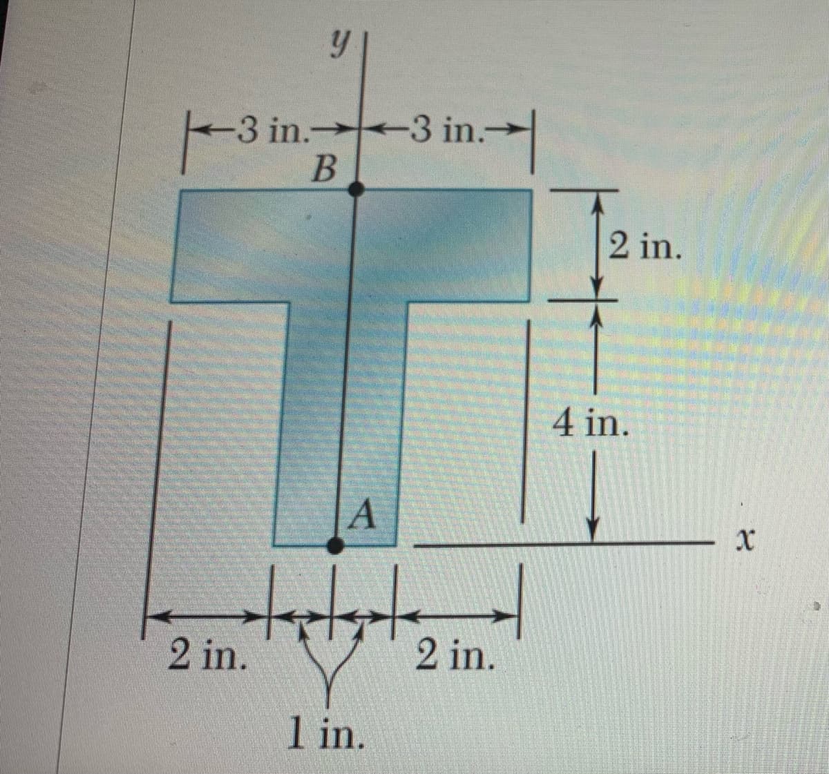 Welcome to our educational webpage! In this section, we discuss a fundamental mechanical engineering concept using a T-shaped diagram. Below is the detailed description and explanation of the diagram dimensions:

### Diagram Description (T-shaped Figure)

#### Vertical and Horizontal Axes
- **y-axis**: This axis runs vertically and intersects the horizontal x-axis at point A.
- **x-axis**: This axis runs horizontally and intersects the vertical y-axis at point A.

#### Key Points
- **Point A**: Intersection of the x and y axes at the bottom center of the vertical section.
- **Point B**: Located on the y-axis, 2 inches above Point A, at the intersection of the upper horizontal bar and the main vertical bar.

#### Dimensions
- **Horizontal Bar (Top of T)**
  - Width (Span): 6 inches (3 inches on either side from Point B)
  - Height: 2 inches
  
- **Vertical Bar (Stem of T)**
  - Overall Height: 6 inches (4 inches from Point A to the bottom of the horizontal bar + 2 inches for the horizontal bar itself)
  - Width: 2 inches aligned centrally with a 1-inch overlap on both sides at the bottom center.

#### Additional Measurements
- From the center of the vertical bar (Point A) at the bottom, there are two horizontal distances:
  - **Left**: 2 inches from the center to the left edge.
  - **Right**: 2 inches from the center to the right edge.
- The vertical bar extends 4 inches upwards from Point A to the start of the horizontal bar.
- On the bottom, there's an additional break in the horizontal width designated as 1 inch wide, which is balanced equally on both side edges.

This T-shaped figure is essential for engineering applications to understand material properties, structural balance, and stresses in a cross-section. Understanding these dimensions will aid in precise design and analysis tasks.