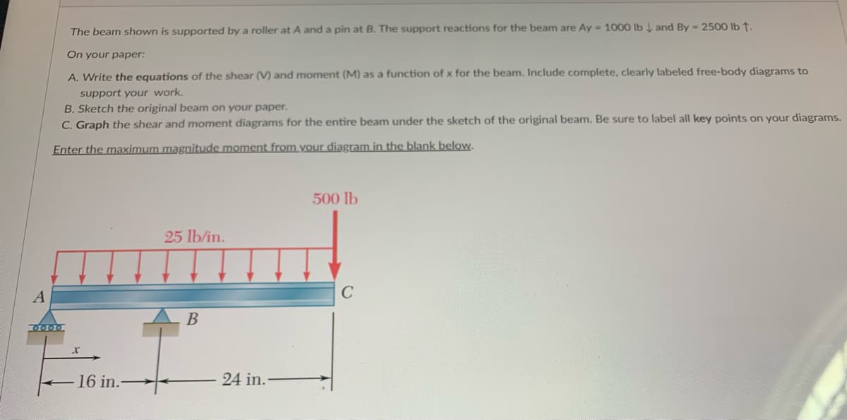 ### Beam Analysis Problem for Educational Purposes

#### Problem Statement:
The beam shown is supported by a roller at point A and a pin at point B. The support reactions for the beam are \( A_y = 1000 \text{ lb} \downarrow \) and \( B_y = 2500 \text{ lb} \uparrow \).

#### Tasks:
- **A.** Write the equations for the shear force (\( V \)) and bending moment (\( M \)) as functions of \( x \) for the beam. Include complete, clearly labeled free-body diagrams to support your work.
- **B.** Sketch the original beam on your paper.
- **C.** Graph the shear force and bending moment diagrams for the entire beam under the sketch of the original beam. Be sure to label all key points on your diagrams.

#### Beam Configuration:
- The entire length of the beam from A to C is subjected to a uniformly distributed load of \( 25 \text{ lb/in} \).
- There is also a concentrated load of \( 500 \text{ lb} \) acting downward at point C.
- The distance between points A and B is \( 16 \text{ in} \).
- The distance between points B and C is \( 24 \text{ in} \).

#### Diagram Description:
1. **Support at Point A:**
   - Represented as a roller support.
   - Located at the left end of the beam.
2. **Support at Point B:**
   - Represented as a pin support.
   - Located \( 16 \text{ in} \) to the right of point A.
3. **Distributed Load:**
   - Spans the entire length of the beam from A to C.
   - Distributed load of \( 25 \text{ lb/in} \).
4. **Concentrated Load:**
   - Applied at point C.
   - Magnitude: \( 500 \text{ lb} \) downward.

#### Instructions for Students:
1. **Shear and Moment Equations:**
   - Write the shear force (\( V \)) and bending moment (\( M \)) equations as functions of \( x \).
   - Use free-body diagrams to explain the steps.
   
2. **Beam Sketch:**
   - Draw the original beam with all applied loads and supports labeled.

3. **Shear and Moment Diagrams:**
  