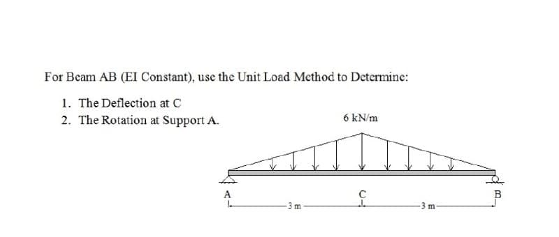 For Beam AB (EI Constant), use the Unit Load Method to Determine:
1. The Deflection at C
2. The Rotation at Support A.
6 kN/m
A
3 m
3 m
