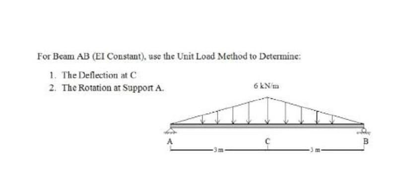 For Beam AB (EI Constant), use the Unit Load Method to Determine:
1. The Deflection at C
2. The Rotation at Support A.
6 kNim
B
