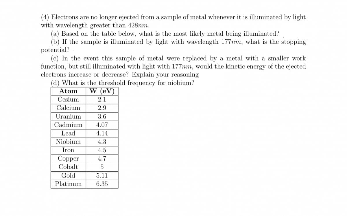 (4) Electrons are no longer ejected from a sample of metal whenever it is illuminated by light
with wavelength greater than 428nm.
(a) Based on the table below, what is the most likely metal being illuminated?
(b) If the sample is illuminated by light with wavelength 177nm, what is the stopping
potential?
(c) In the event this sample of metal were replaced by a metal with a smaller work
function, but still illuminated with light with 177nm, would the kinetic energy of the ejected
electrons increase or decrease? Explain your reasoning
(d) What is the threshold frequency for niobium?
Atom
Cesium
W (eV)
2.1
Calcium
2.9
Uranium
3.6
Cadmium
4.07
Lead
4.14
Niobium
4.3
Iron
4.5
Copper
4.7
Cobalt
5
Gold
5.11
Platinum
6.35
