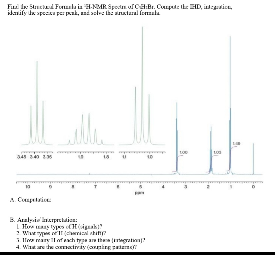 Find the Structural Formula in 'H-NMR Spectra of C3H;Br. Compute the IHD, integration,
identify the species per peak, and solve the structural formula.
1.49
1.00
1.03
3.45 3.40 3.35
1.9
1.8
1.1
1.0
10
7
6
ppm
A. Computation:
B. Analysis/ Interpretation:
1. How many types of H (signals)?
2. What types of H (chemical shift)?
3. How many H of each type are there (integration)?
4. What are the connectivity (coupling patterns)?
