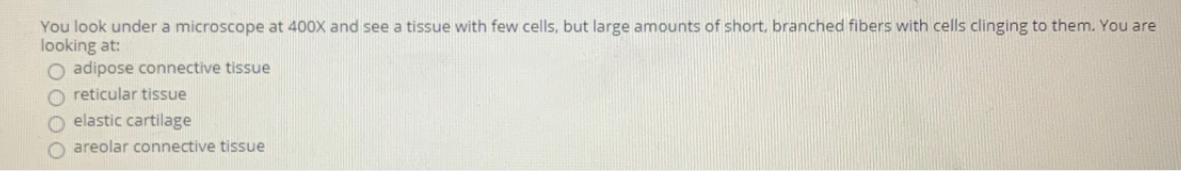 You look under a microscope at 400X and see a tissue with few cells, but large amounts of short, branched fibers with cells clinging to them. You are
looking at:
O adipose connective tissue
O reticular tissue
O elastic cartilage
O areolar connective tissue
