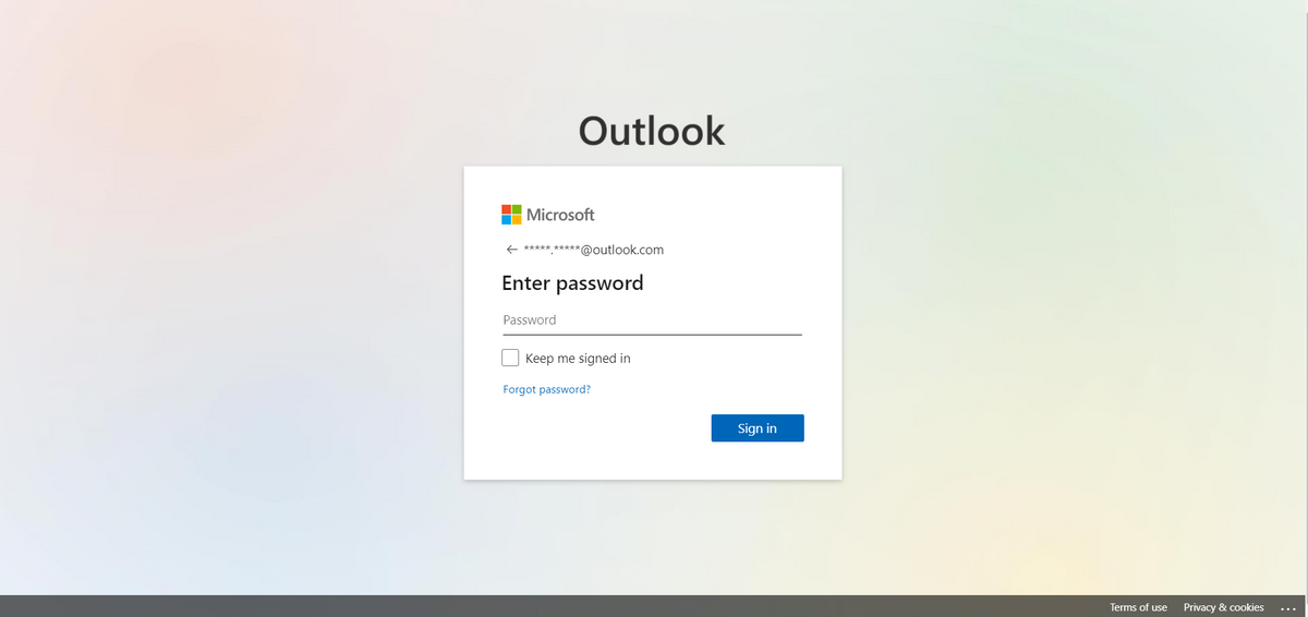 Outlook
Microsoft
+ ***** *****@outlook.com
Enter password
Password
Keep me signed in
Forgot password?
Sign in
Terms of use
Privacy & cookies
