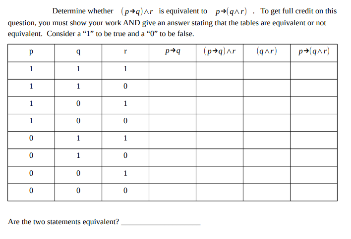 Determine whether (p→q)^r is equivalent to p(q^r). To get full credit on this
question, you must show your work AND give an answer stating that the tables are equivalent or not
equivalent. Consider a "1" to be true and a "0" to be false.
p✈q
p➜(q^r)
Р
1
1
1
1
0
0
0
0
9
1
1
0
0
1
1
0
0
Are the two statements equivalent?
r
1
0
1
0
1
0
1
0
(p→q)^r
(q^r)