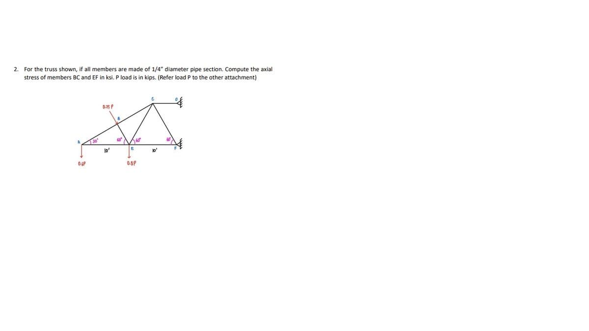 2. For the truss shown, if all members are made of 1/4" diameter pipe section. Compute the axial
stress of members BC and EF in ksi. P load is in kips. (Refer load P to the other attachment)
0.75 P
60
30
E
lo'
lo'
0.6P
0.3P
