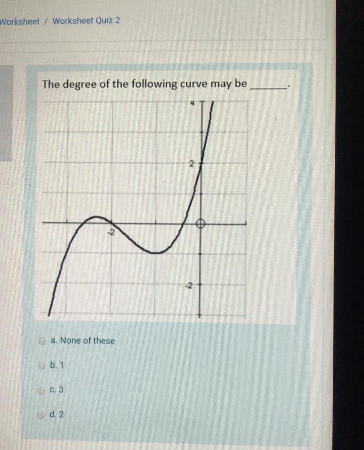 Worksheet / Worksheet Quiz 2
The degree of the following curve may be
-2
-2
a. None of these
b. 1
с. 3
d. 2
