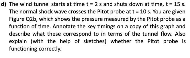 d) The wind tunnel starts at time t = 2 s and shuts down at time, t = 15 s.
The normal shock wave crosses the Pitot probe at t = 10 s. You are given
Figure Q2b, which shows the pressure measured by the Pitot probe as a
function of time. Annotate the key timings on a copy of this graph and
describe what these correspond to in terms of the tunnel flow. Also
explain (with the help of sketches) whether the Pitot probe is
functioning correctly.