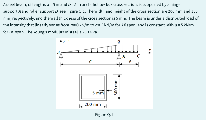 A steel beam, of lengths a = 5 m and b=5m and a hollow box cross section, is supported by a hinge
support A and roller support B, see Figure Q.1. The width and height of the cross section are 200 mm and 300
mm, respectively, and the wall thickness of the cross section is 5 mm. The beam is under a distributed load of
the intensity that linearly varies from q= 0 kN/m to q=5 kN/m for AB span; and is constant with q=5 kN/m
for BC span. The Young's modulus of steel is 200 GPa.
a
5 mm
200 mm
Figure Q.1
9
300 mm
b
с