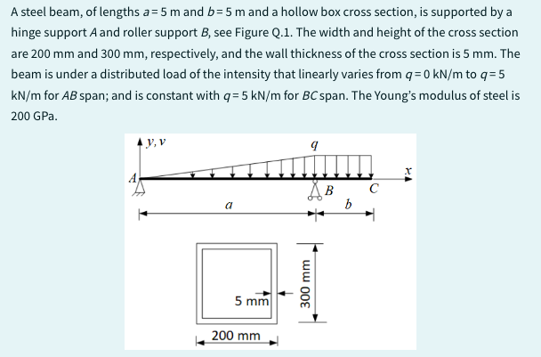 A steel beam, of lengths a = 5 m and b = 5 m and a hollow box cross section, is supported by a
hinge support A and roller support B, see Figure Q.1. The width and height of the cross section
are 200 mm and 300 mm, respectively, and the wall thickness of the cross section is 5 mm. The
beam is under a distributed load of the intensity that linearly varies from q = 0 kN/m to q= 5
kN/m for AB span; and is constant with q=5 kN/m for BC span. The Young's modulus of steel is
200 GPa.
y, v
5 mm
200 mm
9
300 mm
m
b
с
X