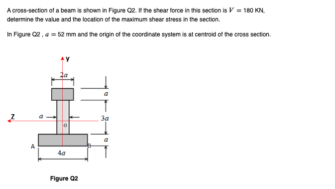 A cross-section of a beam is shown in Figure Q2. If the shear force in this section is V = 180 KN,
determine the value and the location of the maximum shear stress in the section.
In Figure Q2, a = 52 mm and the origin of the coordinate system is at centroid of the cross section.
A
0
4a
Figure Q2
3a