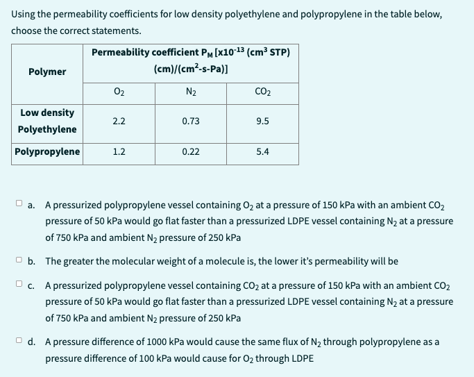 Using the permeability coefficients for low density polyethylene and polypropylene in the table below,
choose the correct statements.
Permeability coefficient PM [x10-13 (cm³ STP)
(cm)/(cm²-s-Pa)]
N₂
Polymer
Low density
Polyethylene
Polypropylene
02
2.2
1.2
0.73
0.22
CO₂
9.5
5.4
a. A pressurized polypropylene vessel containing O₂ at a pressure of 150 kPa with an ambient CO₂
pressure of 50 kPa would go flat faster than a pressurized LDPE vessel containing N₂ at a pressure
of 750 kPa and ambient N₂ pressure of 250 kPa
b.
The greater the molecular weight of a molecule is, the lower it's permeability will be
c. A pressurized polypropylene vessel containing CO₂ at a pressure of 150 kPa with an ambient CO₂
pressure of 50 kPa would go flat faster than a pressurized LDPE vessel containing N₂ at a pressure
of 750 kPa and ambient N₂ pressure of 250 kPa
d. A pressure difference of 1000 kPa would cause the same flux of N₂ through polypropylene as a
pressure difference of 100 kPa would cause for O₂ through LDPE