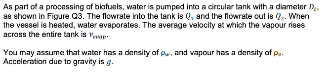 As part of a processing of biofuels, water is pumped into a circular tank with a diameter Dt.
as shown in Figure Q3. The flowrate into the tank is Q₁ and the flowrate out is Q₂. When
the vessel is heated, water evaporates. The average velocity at which the vapour rises
across the entire tank is vevap-
You may assume that water has a density of Pw, and vapour has a density of Pv.
Acceleration due to gravity is g.