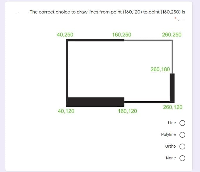 - The correct choice to draw lines from point (160,120) to point (160,250) is
40,250
160,250
260,250
260,180
260,120
40,120
160,120
Line
Polyline
Ortho
None
