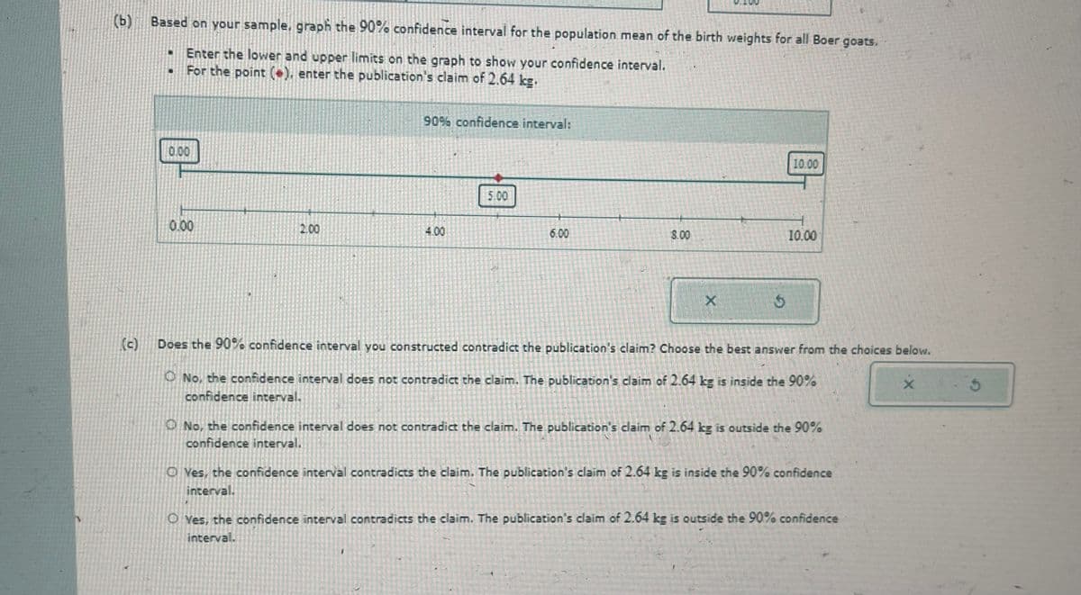 (b)
Based on your sample, graph the 90% confidence interval for the population mean of the birth weights for all Boer goats.
Enter the lower and upper limits on the graph to show your confidence interval.
For the point (*), enter the publication's claim of 2.64 kg.
0.00
90% confidence interval:
0.00
2.00
4.00
5.00
10.00
6.00
8.00
10.00
X
5
(c) Does the 90% confidence interval you constructed contradict the publication's claim? Choose the best answer from the choices below.
No, the confidence interval does not contradict the claim. The publication's claim of 2.64 kg is inside the 90%
confidence interval.
O No, the confidence interval does not contradict the claim. The publication's claim of 2.64 kg is outside the 90%
confidence interval.
O Yes, the confidence interval contradicts the claim. The publication's claim of 2.64 kg is inside the 90% confidence
interval.
O Yes, the confidence interval contradicts the claim. The publication's claim of 2.64 kg is outside the 90% confidence
interval.
X
G