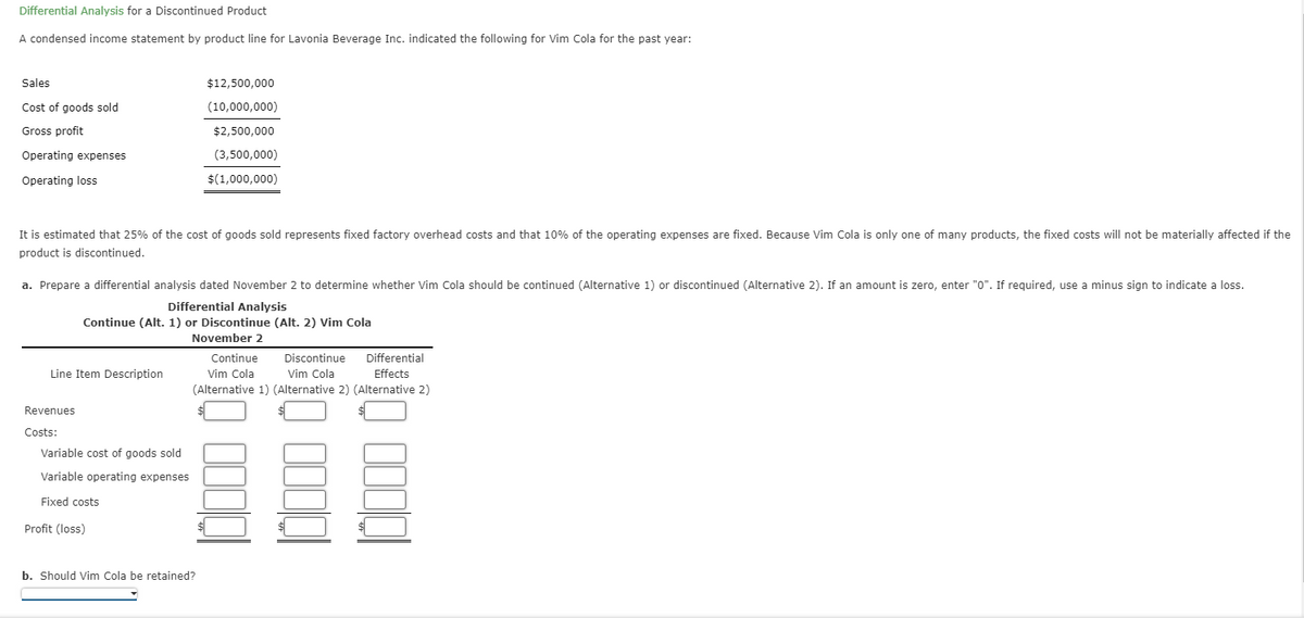 Differential Analysis for a Discontinued Product
A condensed income statement by product line for Lavonia Beverage Inc. indicated the following for vim Cola for the past year:
Sales
Cost of goods sold
Gross profit
Operating expenses
Operating loss
It is estimated that 25% of the cost of goods sold represents fixed factory overhead costs and that 10% of the operating expenses are fixed. Because Vim Cola is only one of many products, the fixed costs will not be materially affected if the
product is discontinued.
a. Prepare a differential analysis dated November 2 to determine whether Vim Cola should be continued (Alternative 1) or discontinued (Alternative 2). If an amount is zero, enter "0". If required, use a minus sign to indicate a loss.
Differential Analysis
Continue (Alt. 1) or Discontinue (Alt. 2) Vim Cola
November 2
Line Item Description
Revenues
Costs:
$12,500,000
(10,000,000)
$2,500,000
(3,500,000)
$(1,000,000)
Fixed costs
Variable cost of goods sold
FE
Variable operating expenses
Profit (loss)
Continue Discontinue Differential
Vim Cola Vim Cola
Effects
(Alternative 1) (Alternative 2) (Alternative 2)
b. Should Vim Cola be retained?