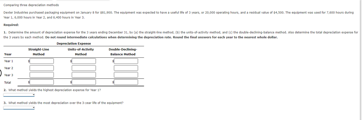 Comparing three depreciation methods
Dexter Industries purchased packaging equipment on January 8 for $81,900. The equipment was expected to have a useful life of 3 years, or 20,000 operating hours, and a residual value of $4,500. The equipment was used for 7,600 hours during
Year 1, 6,000 hours in Year 2, and 6,400 hours in Year 3.
Required:
1. Determine the amount of depreciation expense for the 3 years ending December 31, by (a) the straight-line method, (b) the units-of-activity method, and (c) the double-declining-balance method. Also determine the total depreciation expense for
the 3 years by each method. Do not round intermediate calculations when determining the depreciation rate. Round the final answers for each year to the nearest whole dollar.
Year
Year 1
Year 2
Year 3
Total
Straight-Line
Method
$
$
Depreciation Expense
Units-of-Activity
Method
2. What method yields the highest depreciation expense for Year 1?
Double-Declining-
Balance Method
3. What method yields the most depreciation over the 3-year life of the equipment?