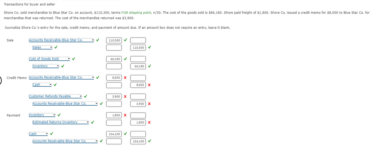 Transactions for buyer and seller
Shore Co. sold merchandise to Blue Star Co. on account, $110,300, terms FOB shipping point, n/30. The cost of the goods sold is $66,180. Shore paid freight of $1,800. Shore Co. issued a credit memo for $8,000 to Blue Star Co. for
merchandise that was returned. The cost of the merchandise returned was $3,900.
Journalize Shore Co.'s entry for the sale, credit memo, and payment of amount due. If an amount box does not require an entry, leave it blank.
Sale
Accounts Receivable-Blue Star Co.
Sales
✓
Cost of Goods Sold
Inventory
Credit Memo Accounts Receivable-Blue Star Co.
Cash
✓
Customer Refunds Payable
Accounts Receivable-Blue Star Co.
Payment Inventory
Estimated Returns Inventory
Cash
✓
Accounts Receivable-Blue Star Co.
✓
✓
110,300 ✔
66,180 ✔
8,000 X
3,900 X
0
1,800 X
104,100
110,300 ✓
66,180 ✓
8,000 X
3,900 X
1,800 X
104,100
