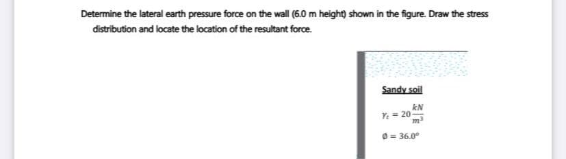 Determine the lateral earth pressure force on the wall (6.0 m height shown in the figure. Draw the stress
distribution and locate the location of the resultant force.
Sandy soil
kN
Ye = 20
O = 36.0°
