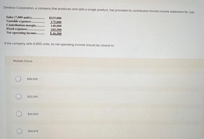 Dimitrov Corporation, a company that produces and sells a single product, has provided its contribution format income statement for July.
Sales (7,000 units)
$315,000
175,000
Variable expenses.
Contribution margin...
140,000
103,500
$36.500
Fixed expenses.
Net operating income........
If the company sells 6,900 units, its net operating income should be closest to
Multiple Choice
$36,500
$32,000
$34,500
$35,979