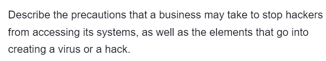 Describe the precautions that a business may take to stop hackers
from accessing its systems, as well as the elements that go into
creating a virus or a hack.