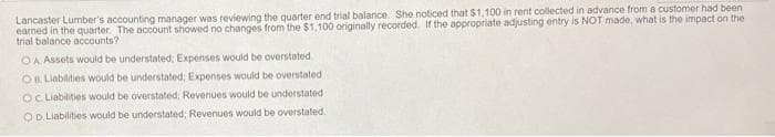 Lancaster Lumber's accounting manager was reviewing the quarter end trial balance. She noticed that $1,100 in rent collected in advance from a customer had been
eamed in the quarter. The account showed no changes from the $1,100 originally recorded. If the appropriate adjusting entry is NOT made, what is the impact on the
trial balance accounts?
OA Assets would be understated; Expenses would be overstated
O. Liabilities would be understated; Expenses would be overstated
OC Liabilities would be overstated, Revenues would be understatéd
OD. Liabilities would be understated; Revenues would be overstated.
