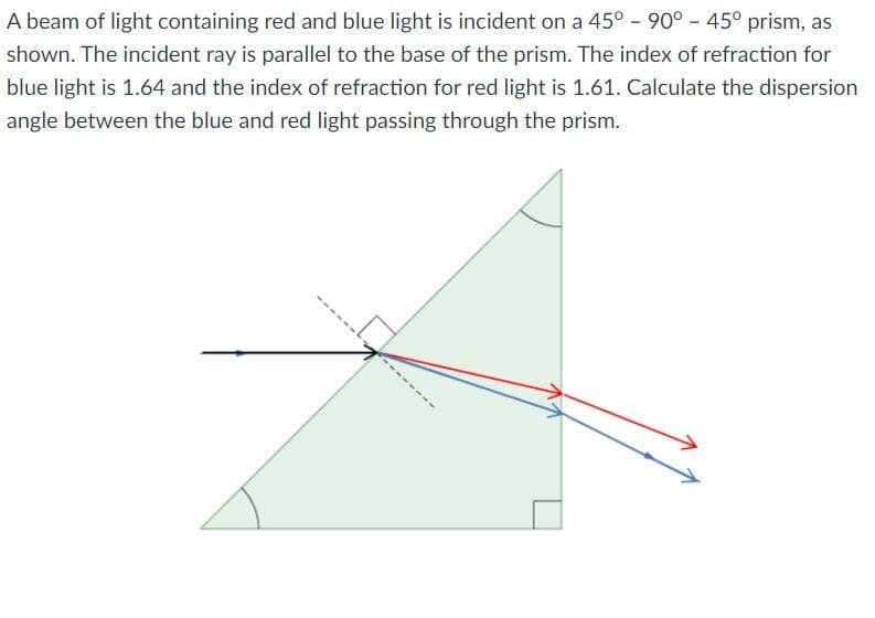 A beam of light containing red and blue light is incident on a 45° - 90° - 45° prism, as
shown. The incident ray is parallel to the base of the prism. The index of refraction for
blue light is 1.64 and the index of refraction for red light is 1.61. Calculate the dispersion
angle between the blue and red light passing through the prism.
