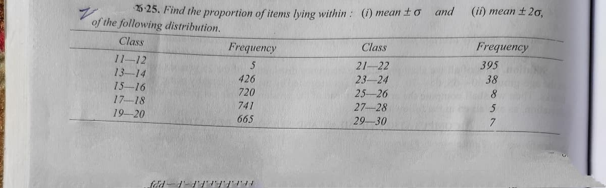 and
(ii) mean ± 2o,
26 25. Find the proportion of items lying within : (i) mean fo
of the following distribution.
Class
Frequency
Class
Frequency
11-12
5
21-22
395
13-14
426
23-24
38
15-16
720
25-26
8.
17-18
741
27-28
19-20
665
29-30
7.
