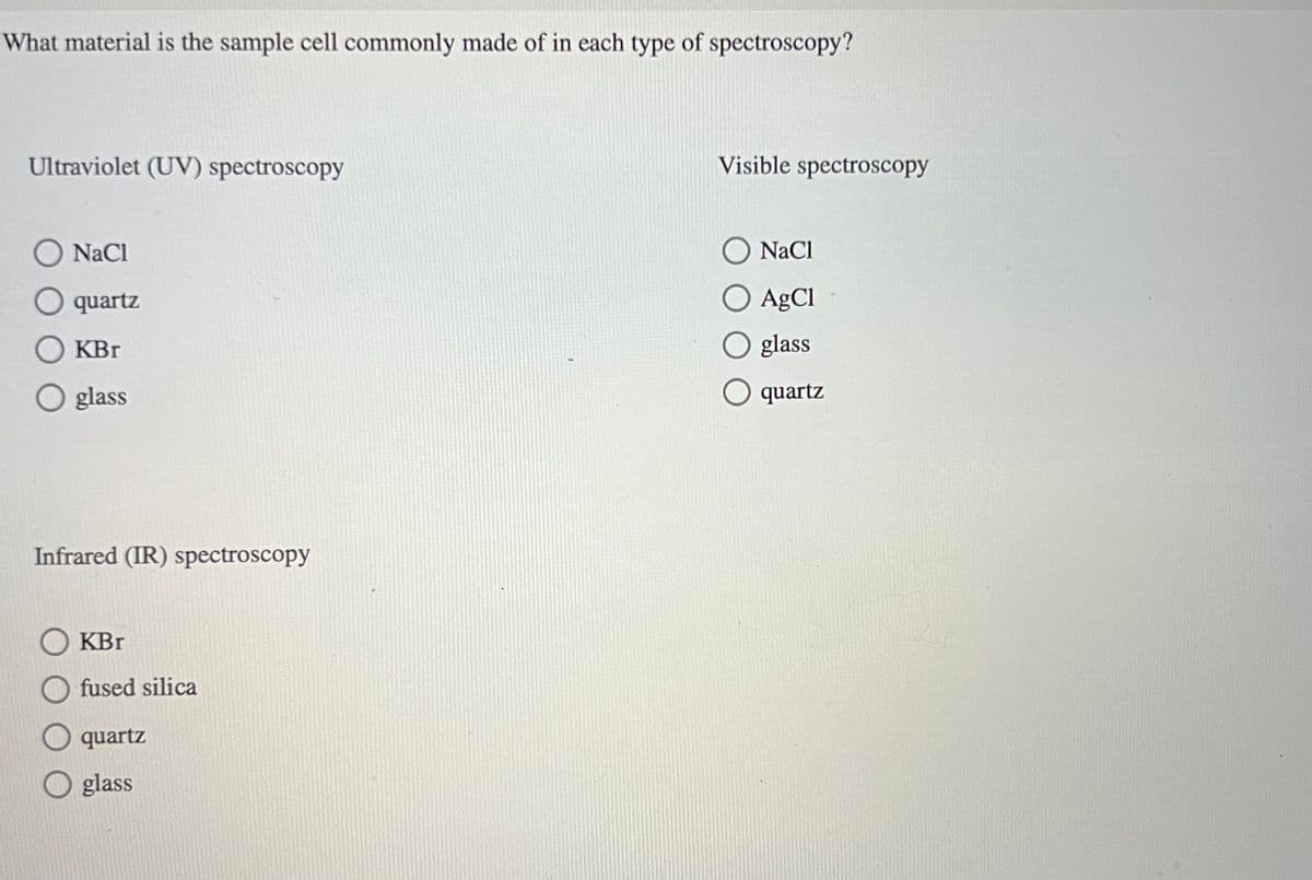 What material is the sample cell commonly made of in each type of spectroscopy?
Ultraviolet (UV) spectroscopy
NaCl
O quartz
O KBr
Oglass
Infrared (IR) spectroscopy
KBr
fused silica
quartz
glass
Visible spectroscopy
O NaCl
O AgCl
glass
quartz