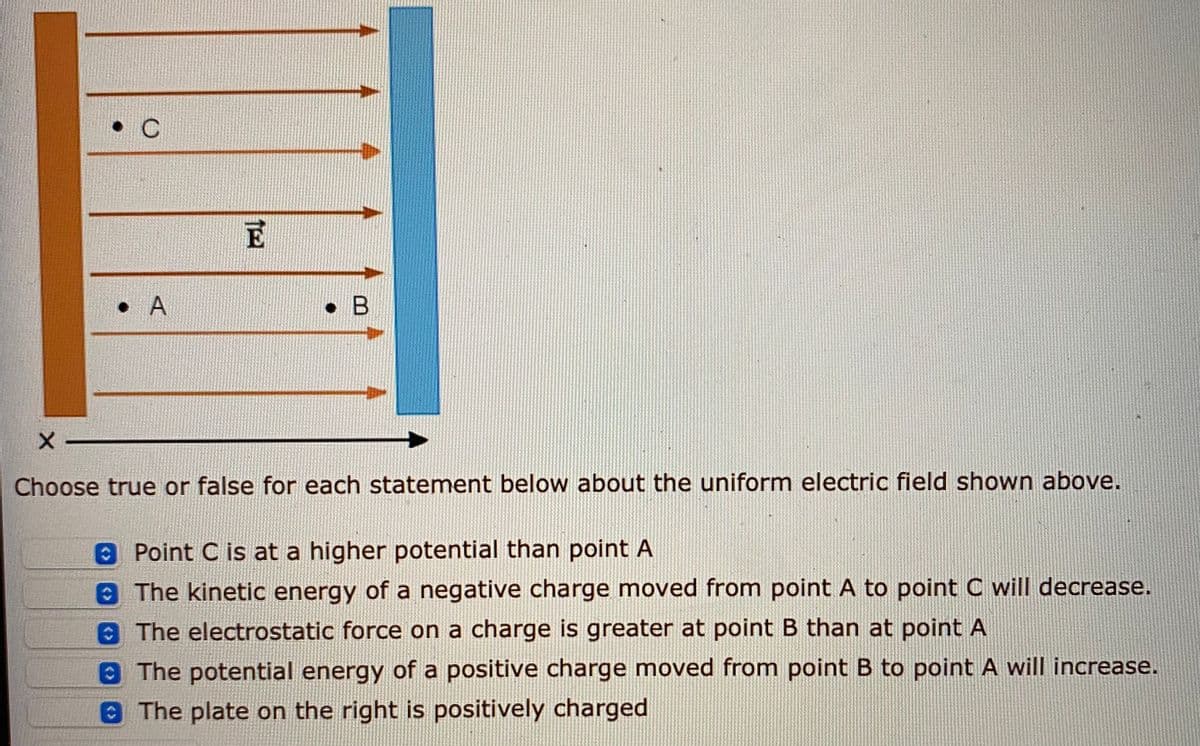 • A
• B
Choose true or false for each statement below about the uniform electric field shown above.
Point C is at a higher potential than point A
8The kinetic energy of a negative charge moved from point A to point C will decrease.
0The electrostatic force on a charge is greater at point B than at point A
0The potential energy of a positive charge moved from point B to point A will increase.
The plate on the right is positively charged
