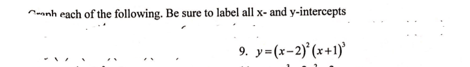 nwanh each of the following. Be sure to label all x- and y-intercepts
9. y=(x-2)° (x+1)
