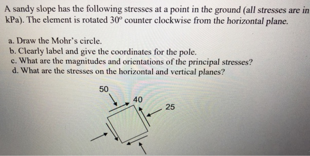 A sandy slope has the following stresses at a point in the ground (all stresses are in
kPa). The element is rotated 30° counter clockwise from the horizontal plane.
a. Draw the Mohr's circle.
b. Clearly label and give the coordinates for the pole.
c. What are the magnitudes and orientations of the principal stresses?
d. What are the stresses on the horizontal and vertical planes?
50
40
25
