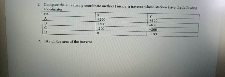 1. Compute the area (using coordinate method) inside a traverse whose stations have the following
coordinates
sta
A
B
C
D
2. Sketch the area of the traverse
X
+200
+300
-200
0
y
+300
-400
+200
+100