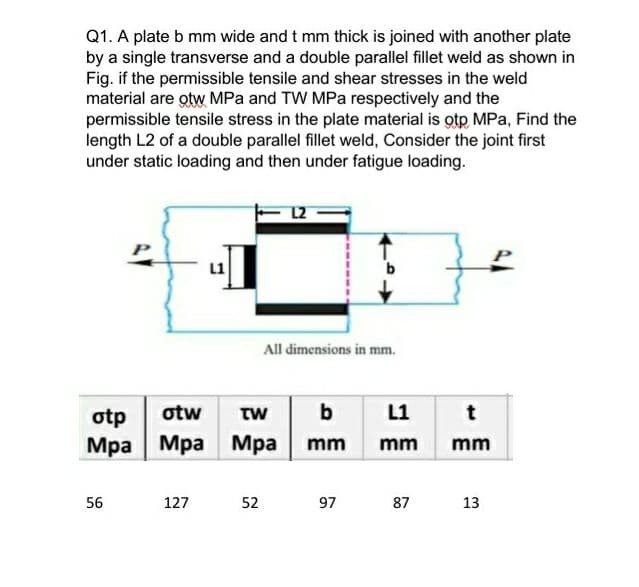 Q1. A plate b mm wide and t mm thick is joined with another plate
by a single transverse and a double parallel fillet weld as shown in
Fig. if the permissible tensile and shear stresses in the weld
material are otw MPa and TW MPa respectively and the
permissible tensile stress in the plate material is otp MPa, Find the
length L2 of a double parallel fillet weld, Consider the joint first
under static loading and then under fatigue loading.
All dimensions in mm.
σtp
otw
TW
b
L1
Мра Мра Мра
mm
mm
mm
56
127
52
97
87
13
